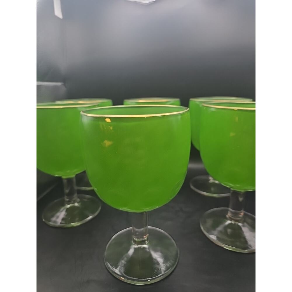 Vintage MCM Frosted Thumbprint Goblets-Set of 6 Green w/Gold Rim